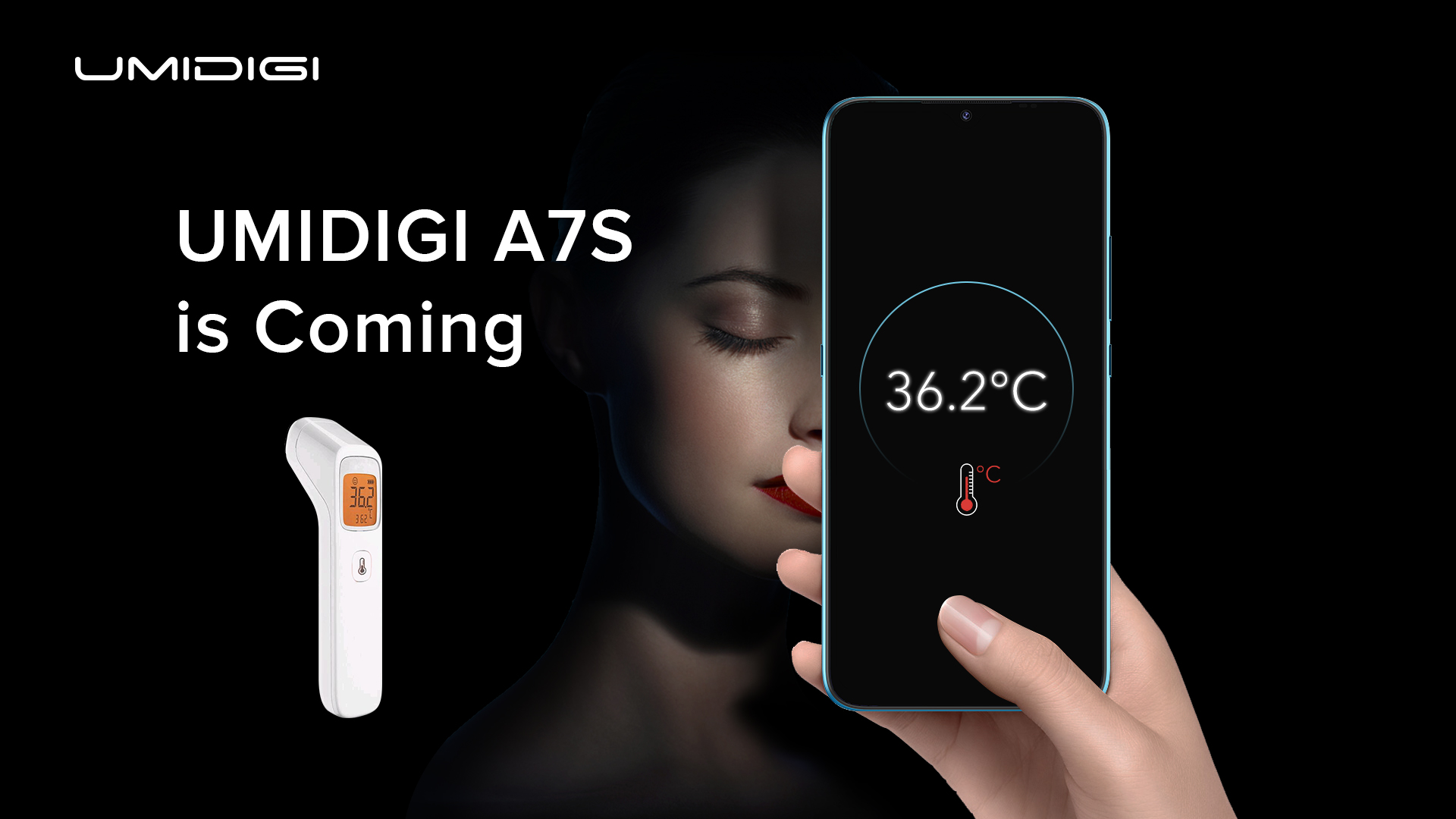 Umidigi A7S renders surface featuring an infrared thermometer, dedicated key, and anti-fingerprint design