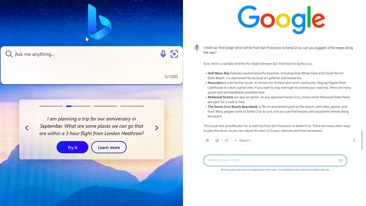 Microsoft Bing vs. Google Bard: Watch the AI Reveals See how the two companies are competing head to head on new AI chat features inside search.